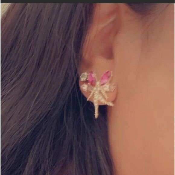 Y2K Grunge Fairycore Stainless Steel Gold Plate Rhinestone Fairy Earrings - Picture 5 of 6